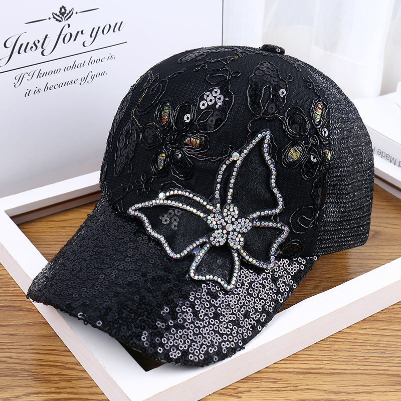 Sequined Rhinestone Baseball Cap Outdoor Summer Shade Ladies Big Butterfly Cap