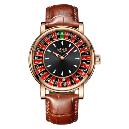Unique Luxury Quartz Analog Roulette Leather Watch for Men