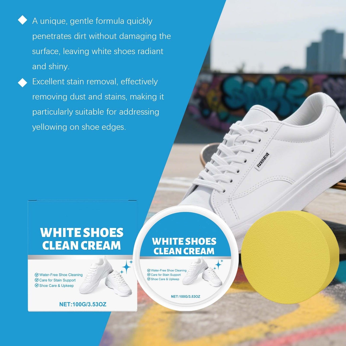 White Shoe Cleaner Cream - No Water, No Rinse Instant Cleaning Solid Cream for Sneakers, Suede & Boots