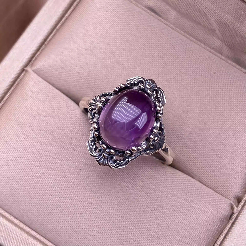 Luxury Oval Amethyst Rings for Women Nepalese lace Silver Vintage Adjustable Open Purple Gemstone Ring
