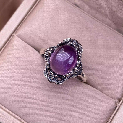 Luxury Oval Amethyst Rings for Women Nepalese lace Silver Vintage Adjustable Open Purple Gemstone Ring
