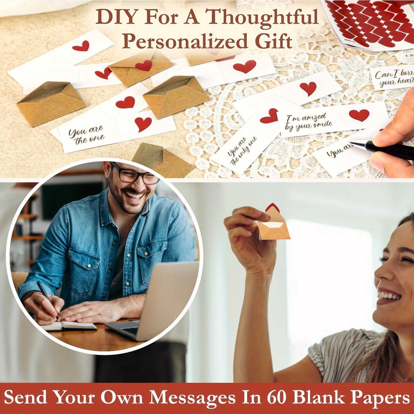 30Pcs DIY Love Notes Box - Mini Blank Cards & Envelopes for Him Her, Valentines Day Note Cards