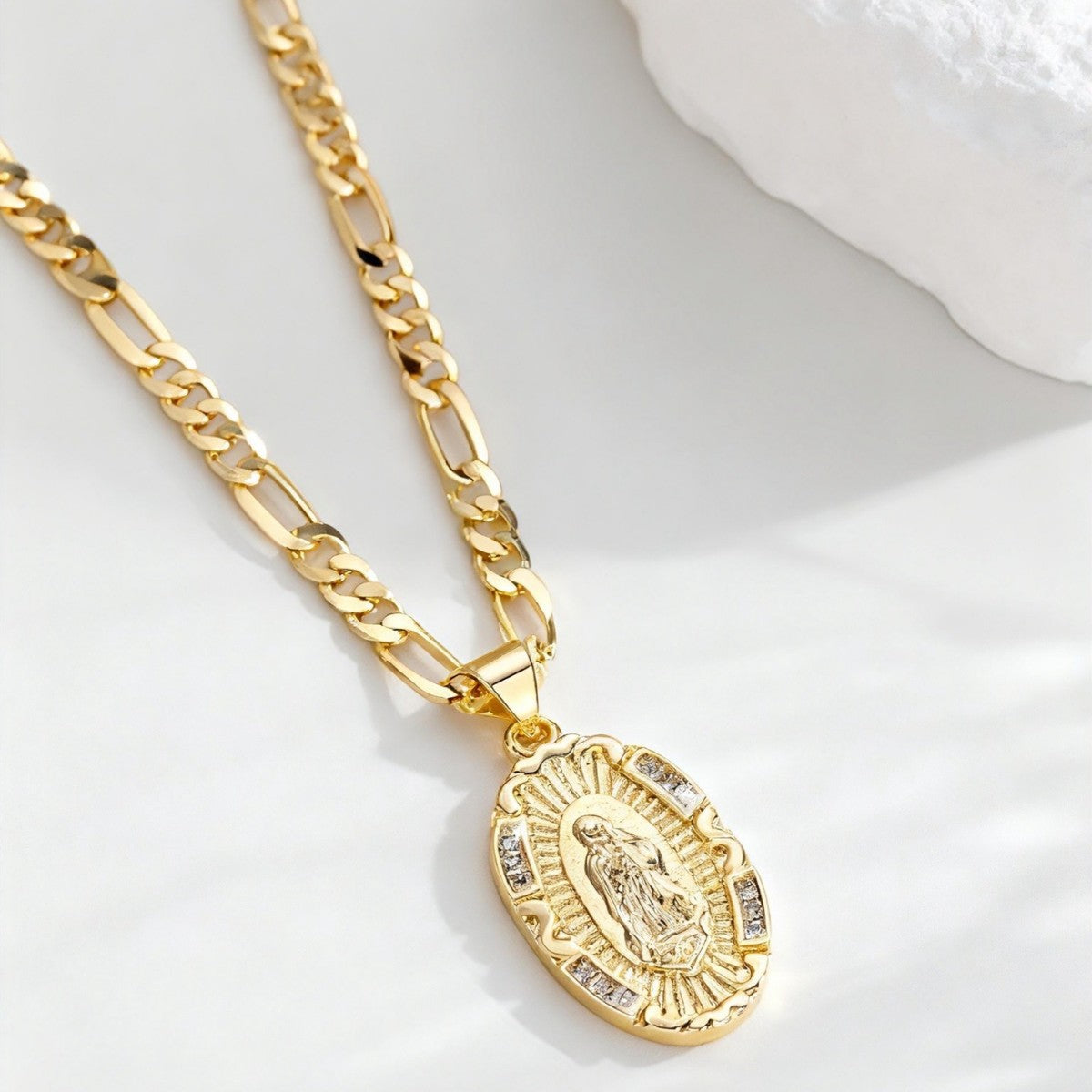 Guadalupe Virgin Mary Oval Zircon Inlay Pendant Necklace for Women Men