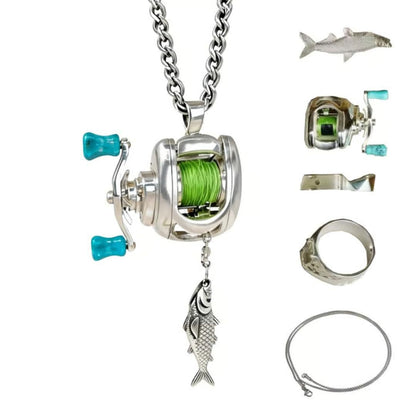 Fishing Reel Necklace Rotating Handle Swirling Reel Pendant