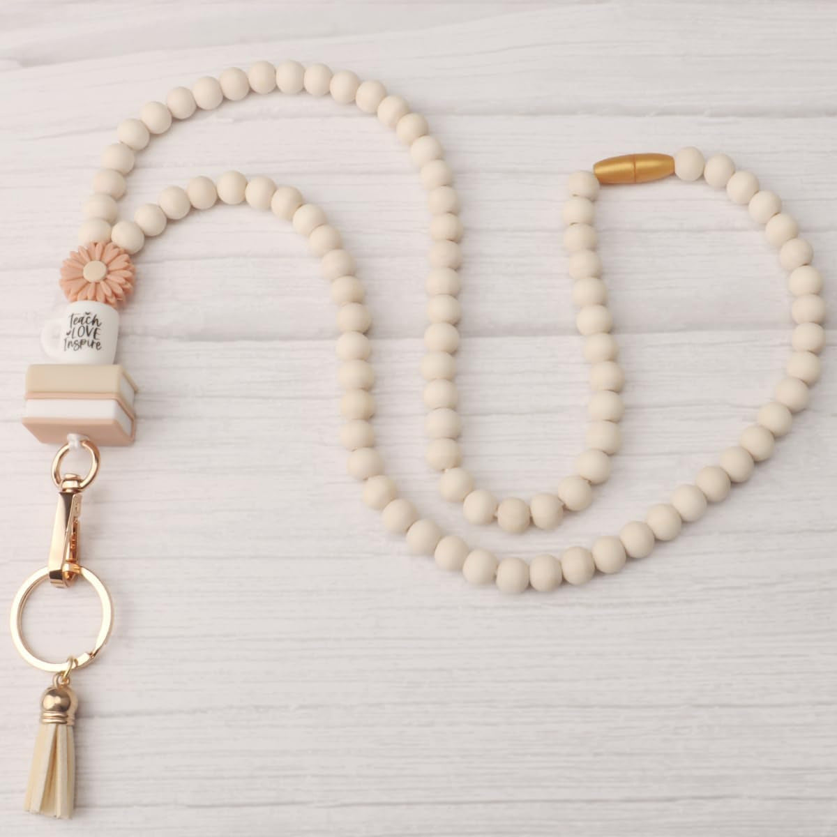 Teacher Lanyard with ID Holder, Cute Wood Beaded Lanyard for Keys