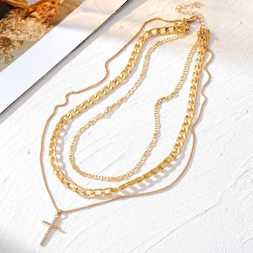 Stackable Gold & Silver Cross Pendant Chokers, Trendy 3-Layer Gift