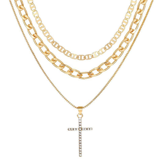 Stackable Gold & Silver Cross Pendant Chokers, Trendy 3-Layer Gift