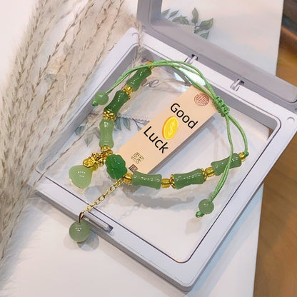 Bamboo Bracelet Jade Stones Lucky Money Bag Pendant Charm Stretch Beaded Bracelets
