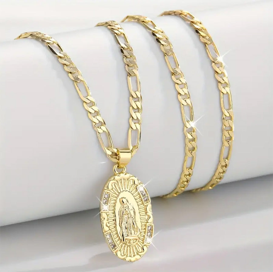 Guadalupe Virgin Mary Oval Zircon Inlay Pendant Necklace for Women Men