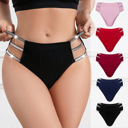 5Pcs Shiny Waistband Women's Low Rise Panties, Ribbed Cotton