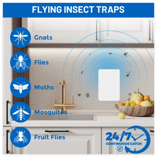 Flying Insect Trap for Indoor Use – Plug-in Bug Catcher with 5 Refill Cartridges & Blue/UV Light Technology – Mess-Free Solution for Gnats,