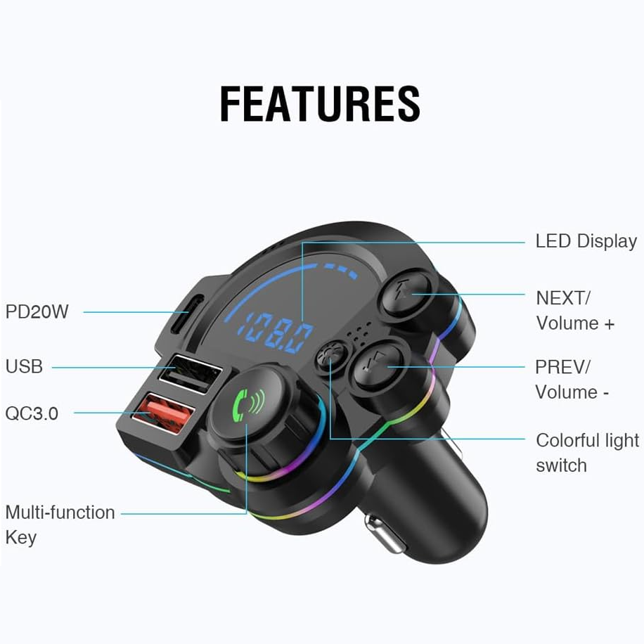 Bluetooth Car FM Transmitter with 20W PD Fast Charging