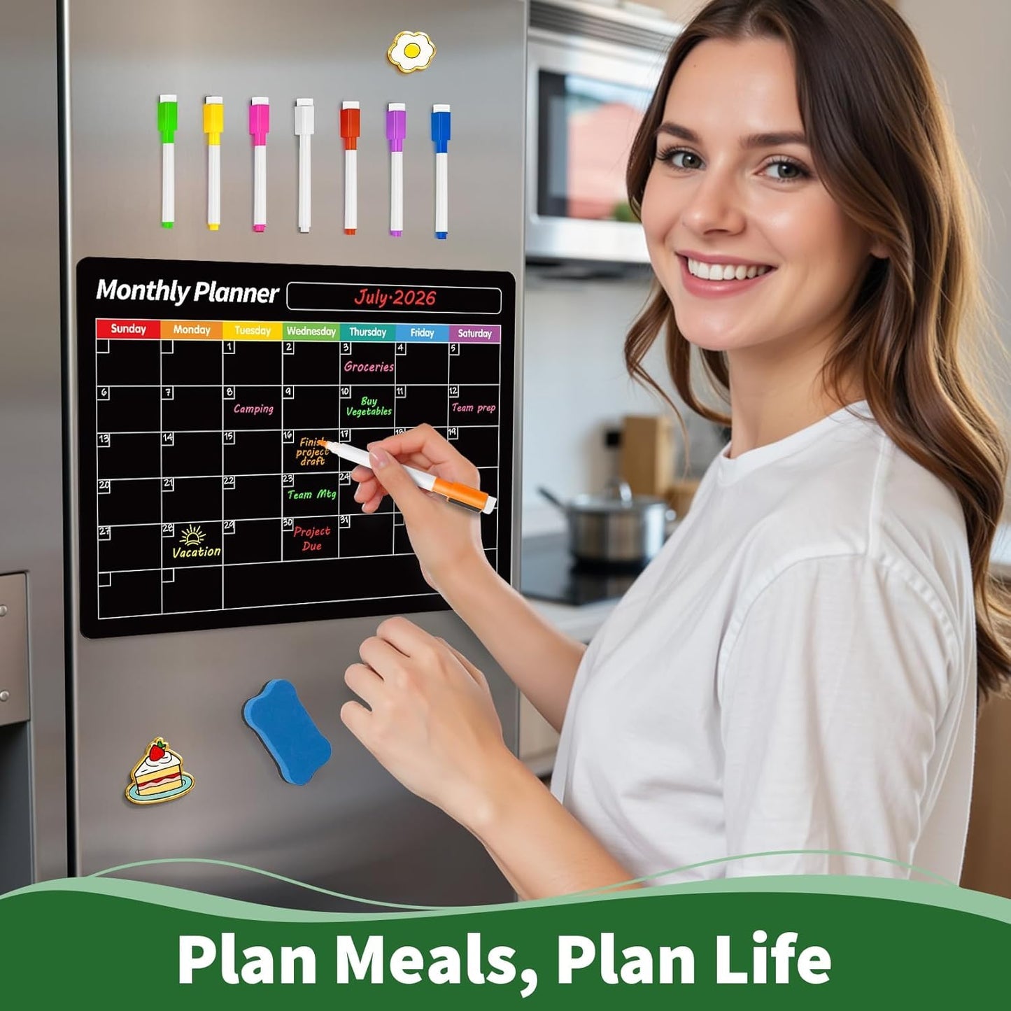 Magnetic Calendar for Refrigerator - Black Weekly Mouthly Planner Whiteboard for Fridge