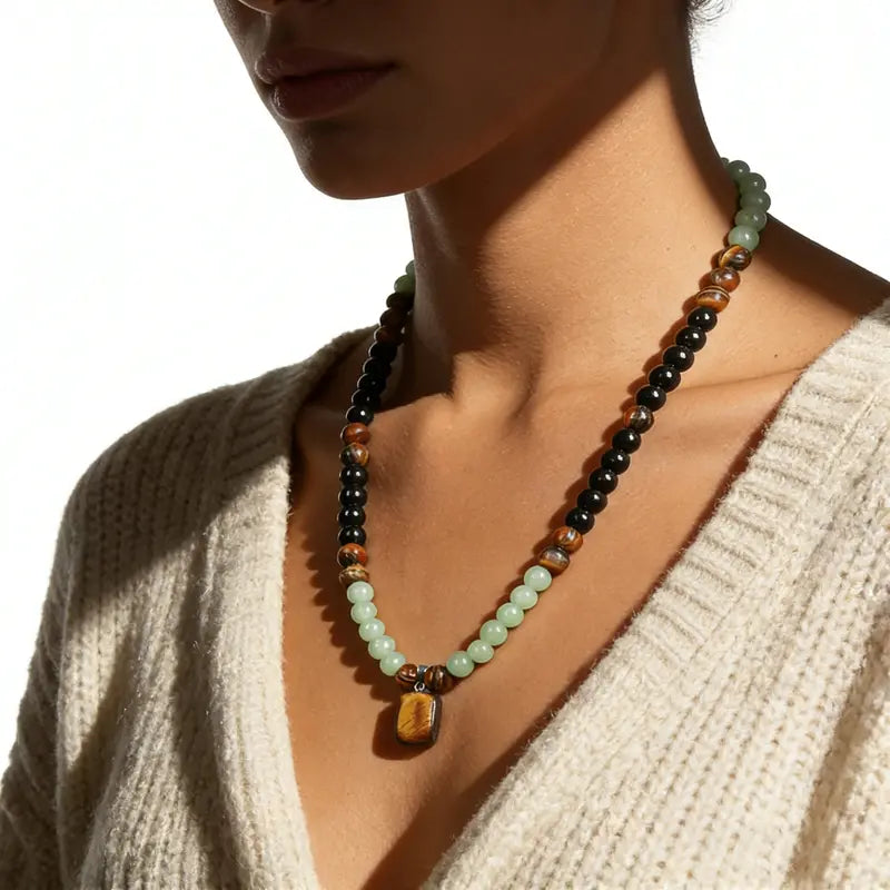 Money Attraction Necklace With Green Aventurine and Tiger Eye Pendant