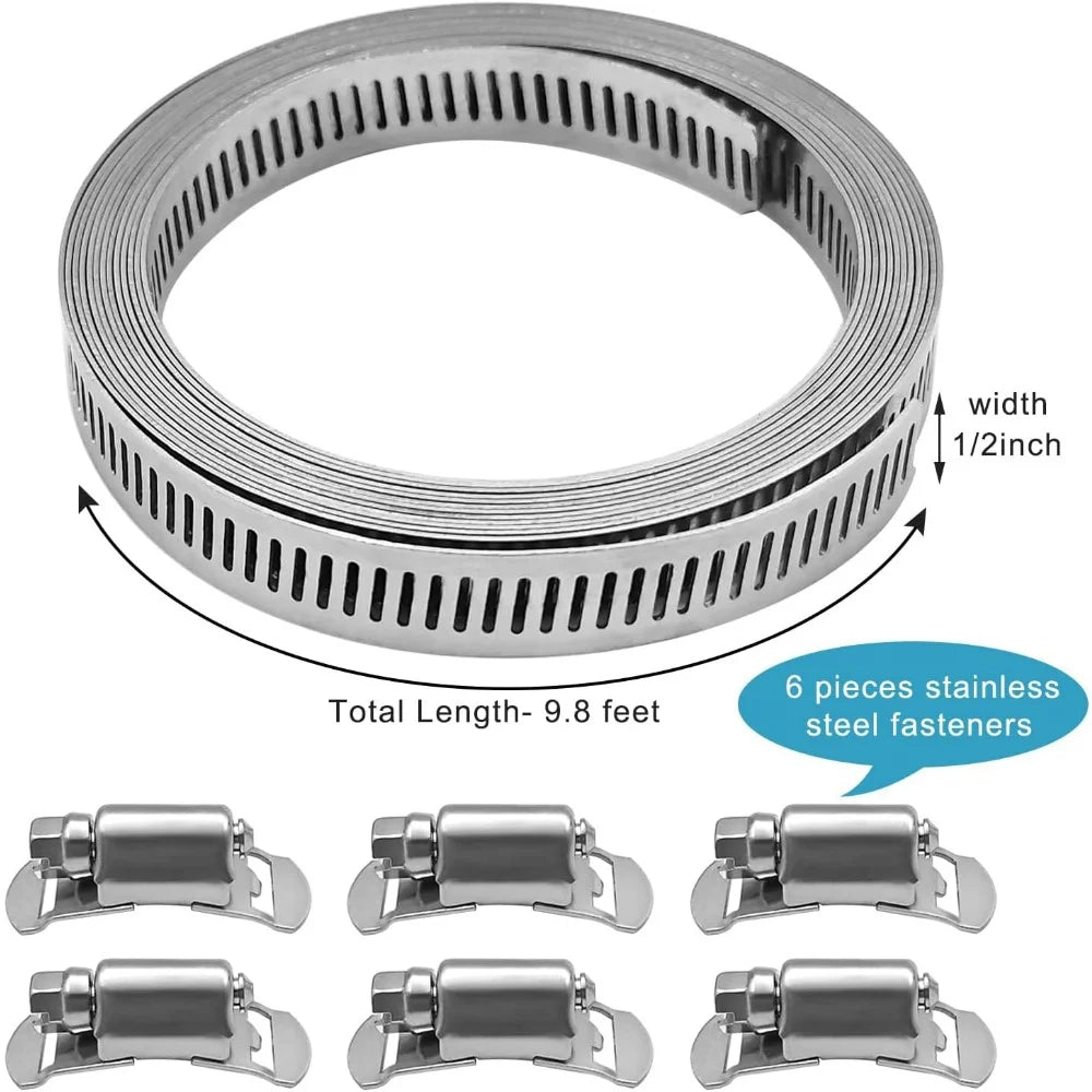 9.84 Feet Stainless Steel Hose Clamp Strap with 6Pcs Fasteners Clamps Worm Adjustable